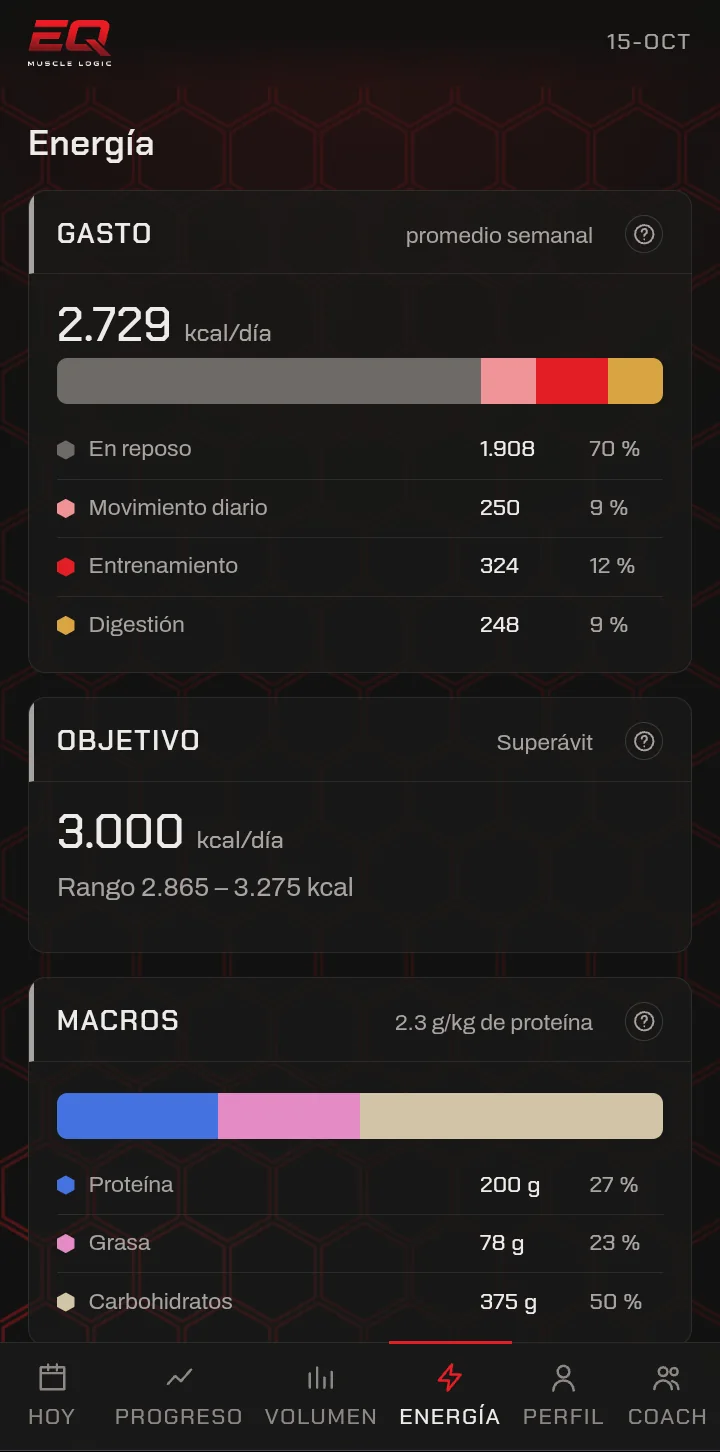 Pantalla de energía: gasto diario desglosado, objetivo calórico y macros